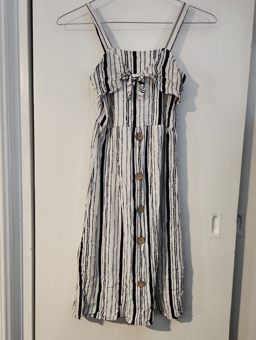 Girls Black & White Striped Midi Sundress with Front Buttons